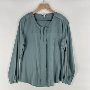 Valette Silk Pleat Front Collarless Long Sleeve Popover Top